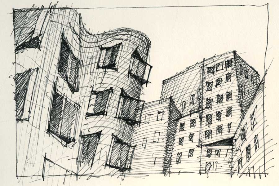 Bauten im Düsseldorfer Medienhafen - Zeichnung für Wandbild 2011