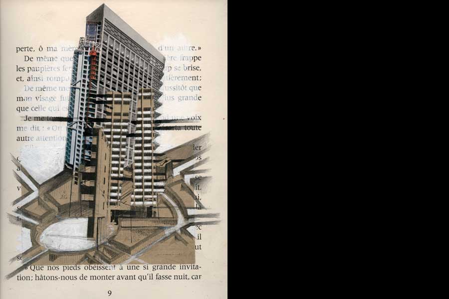 Turmhaus-Individualität II/09, Montage auf Papier, 2009, 33x26 cm