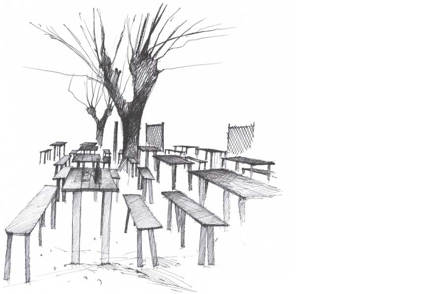 Dining - Illustration um Abschnitt: Urwüchsig - Tische im Heurigen-Garten